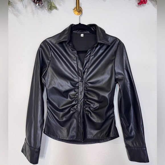 boutique Tops - Faux leather ruched button front shirt. Size M